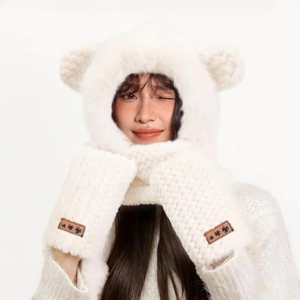 Women's White Hooded Scarf Cute Bear Ear Hat Faux Fur Gloves Set Soft